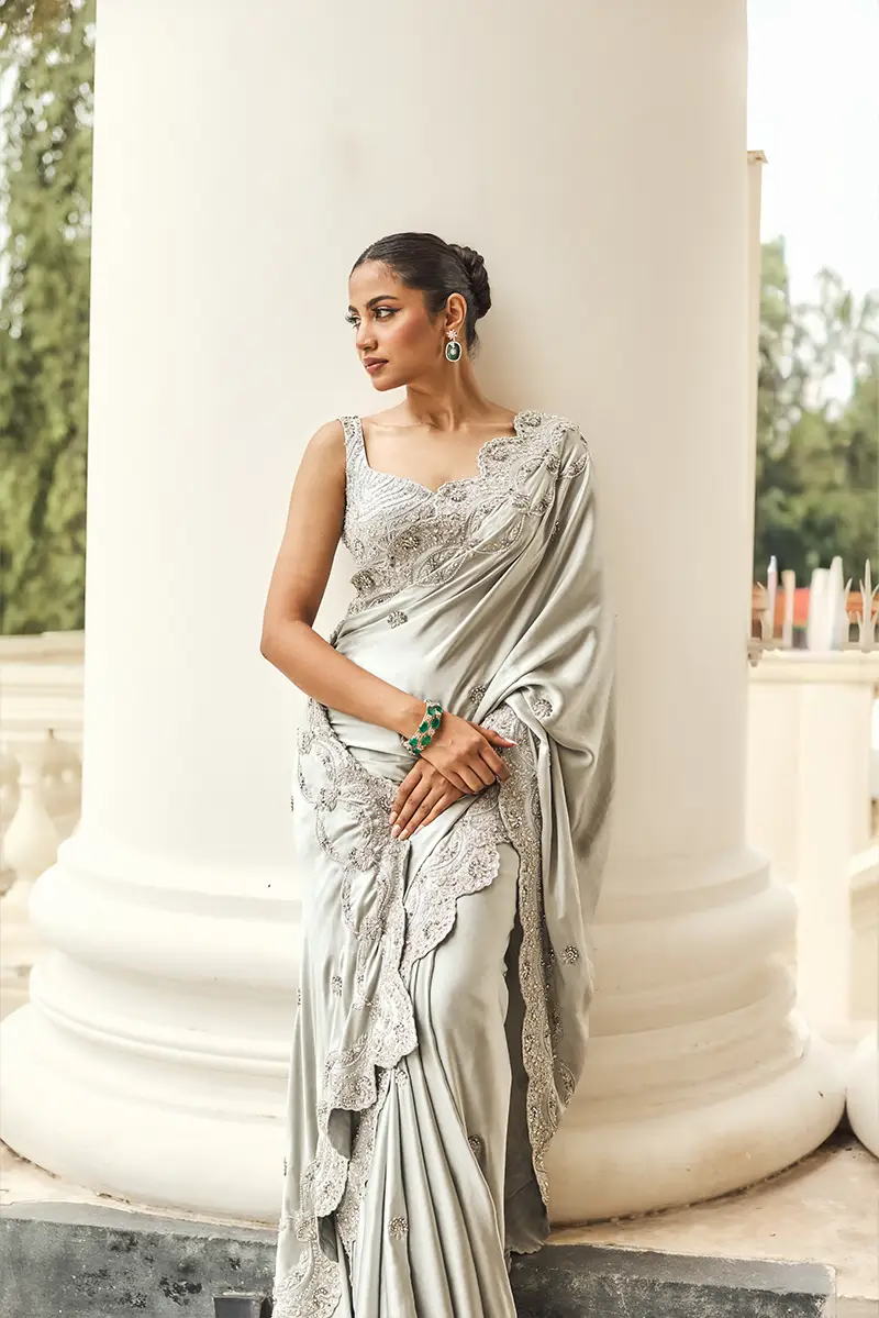 GREY SATIN SAREE WITH SILVER CRYSTAL WORK (2)